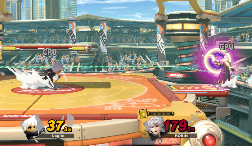 last stock on arms stadium, Larry is at 180% with a fully charged fireball, his opponent is at 40%